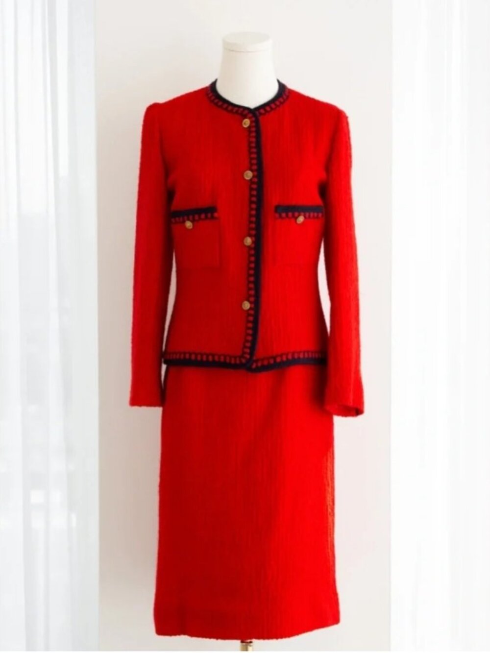 Vintage 1981 CHANEL Boutique Red Wool Tweed Skirt Suit